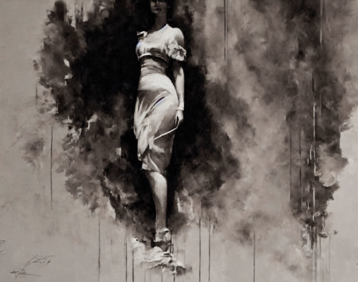 Monochromatic painting of female figure in dress and abstract shadows