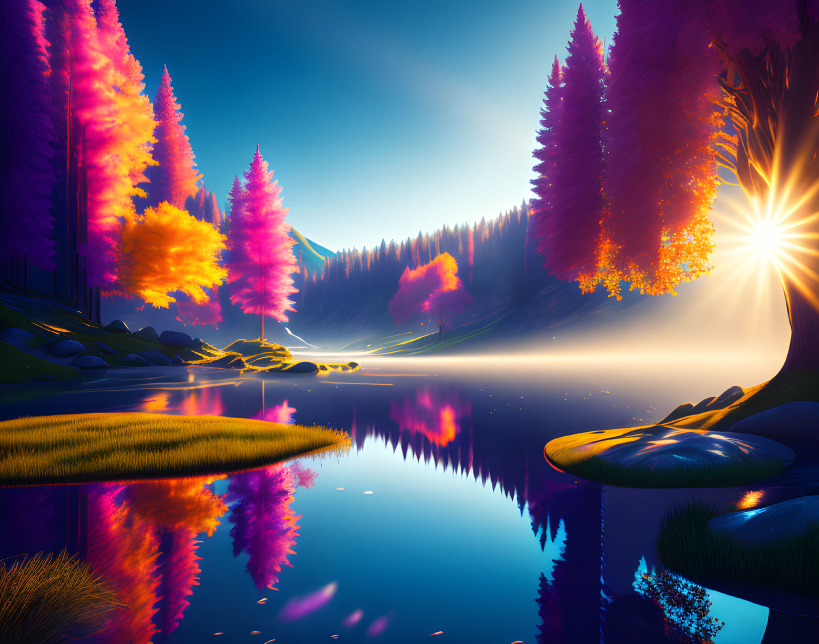 Colorful Digital Landscape: Neon Trees, Sunset Reflection, Misty Lake