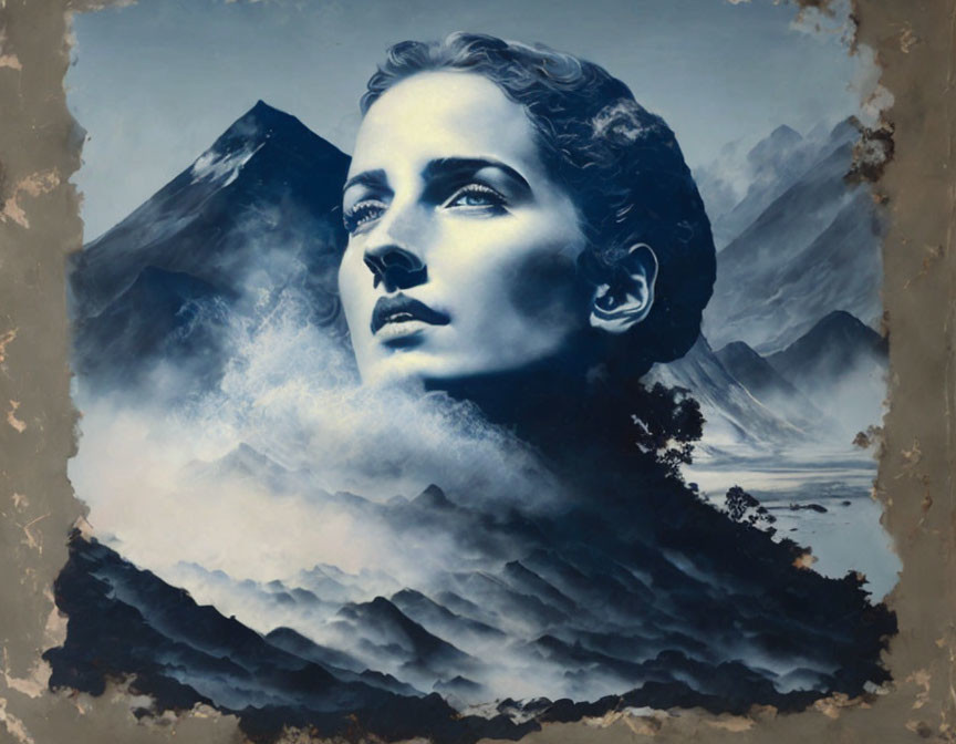 Surreal vintage artwork: woman's face merges with mountain landscape