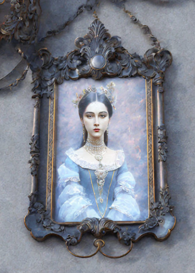 Ornate blue dress portrait in aged bronze frame