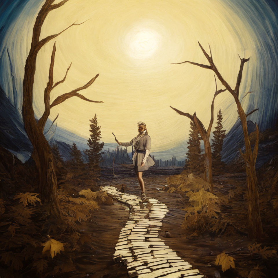 Twilight forest scene with person walking on wooden path