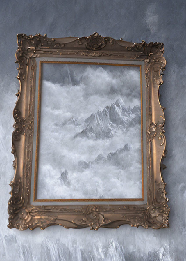 Brown Ornate Picture Frame with Monochrome Mountain Landscape Painting