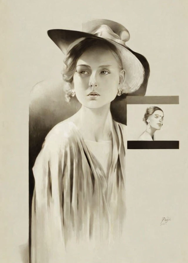 Sepia-toned vintage-style illustration of a woman in wide-brimmed hat and flowing dress,