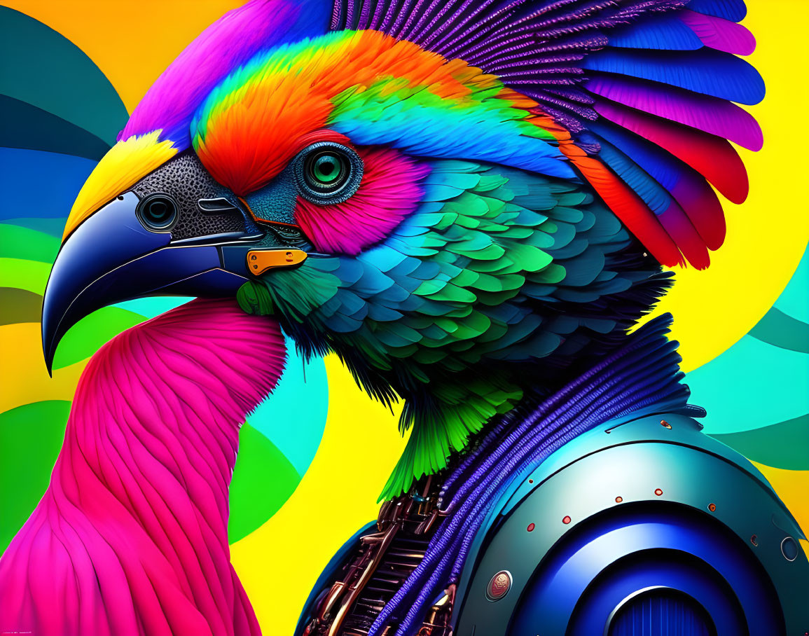 Colorful Mechanical Parrot with Vibrant Feathers and Cybernetic Components