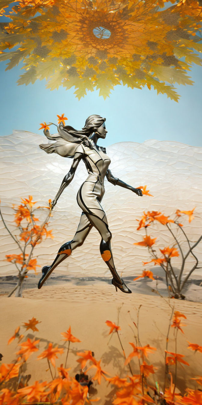 Futuristic figure in surreal desert with orange foliage and drone