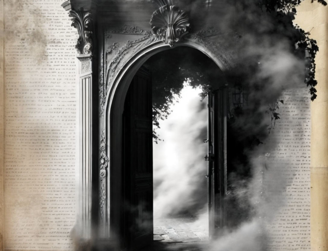 Ornate Arched Doorway in Mist Over Aged Book Pages