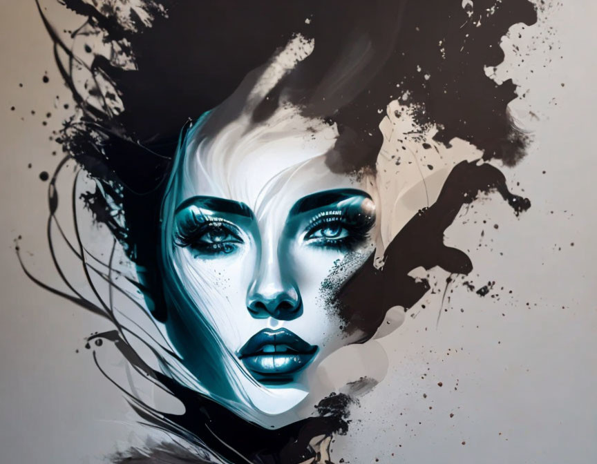 Abstract digital painting of a woman's face with bold eyes and lips in black and white splash effect.