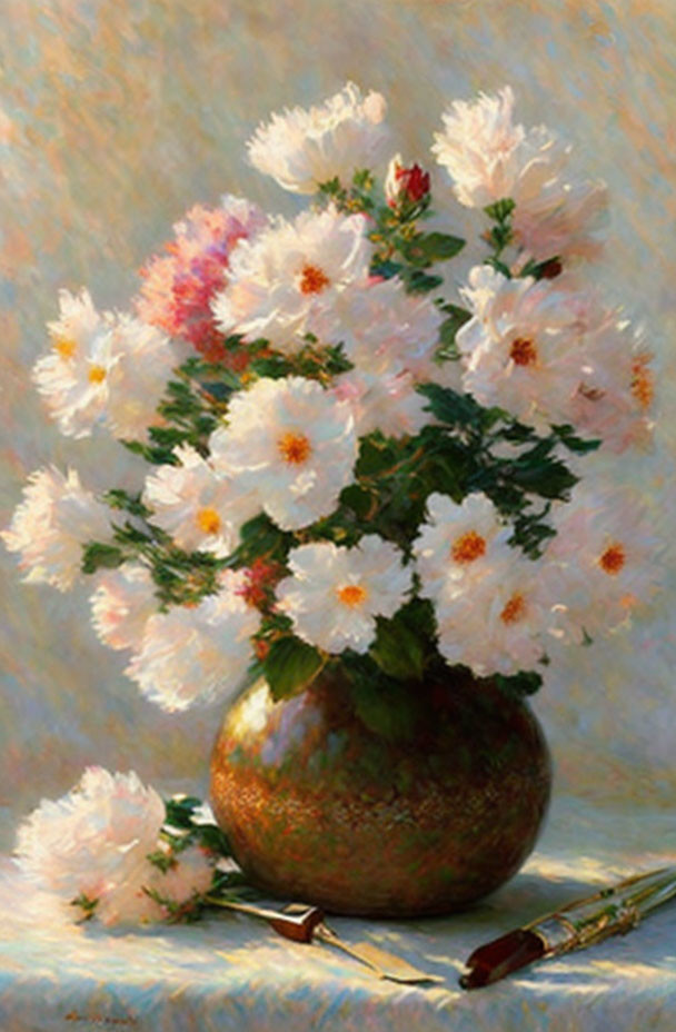 Still life painting: white peonies in a vase with paintbrushes on warm backdrop