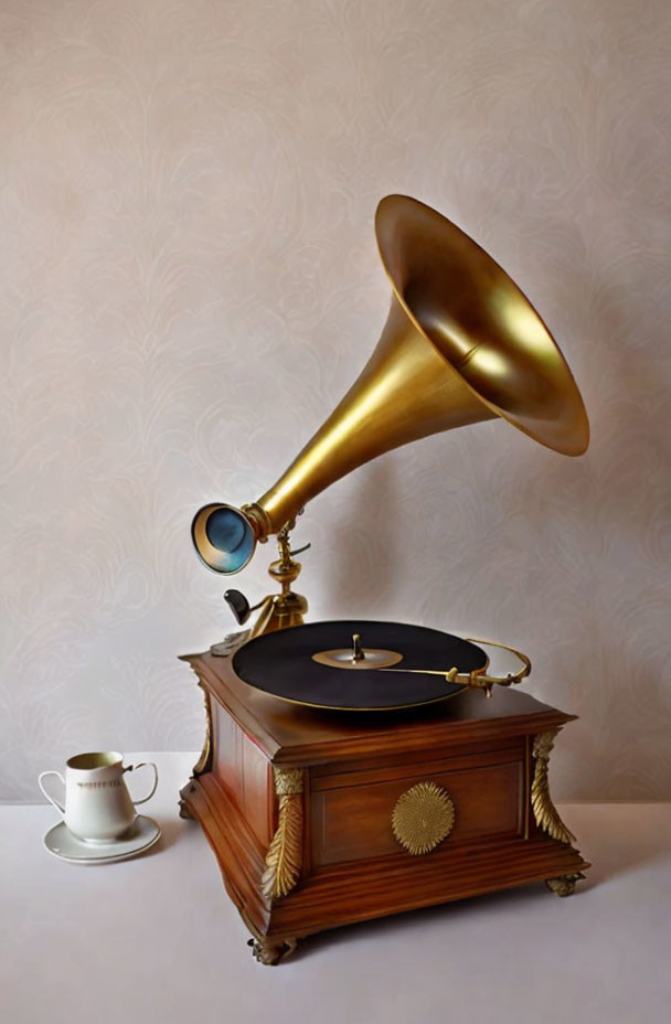 Vintage gramophone with brass horn, record, and ceramic jug on patterned wallpaper