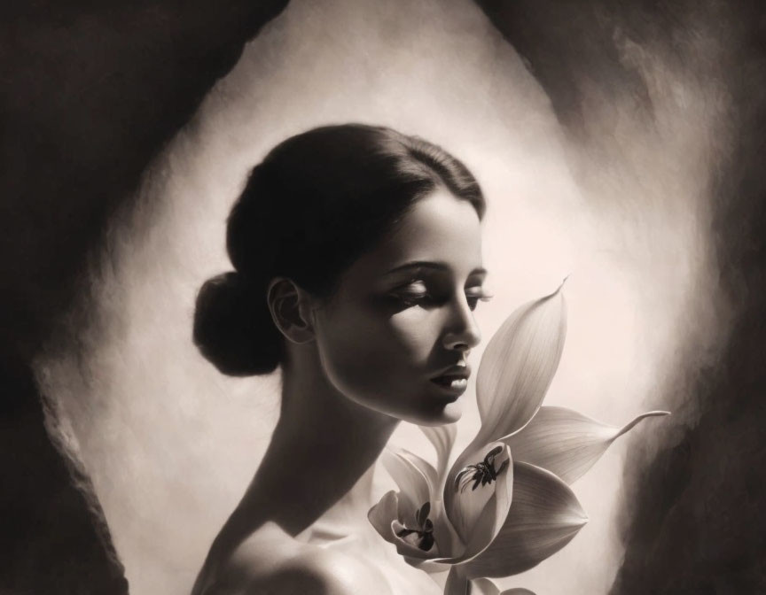 Monochrome artistic portrait of woman with serene expression holding delicate flower