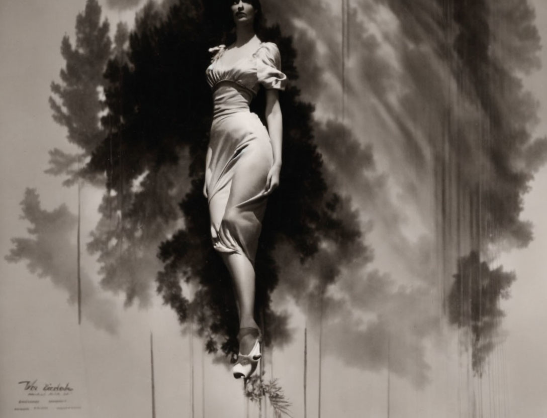 Vintage Black and White Photo: Woman in Elegant Dress Levitating over Mirrored Surface