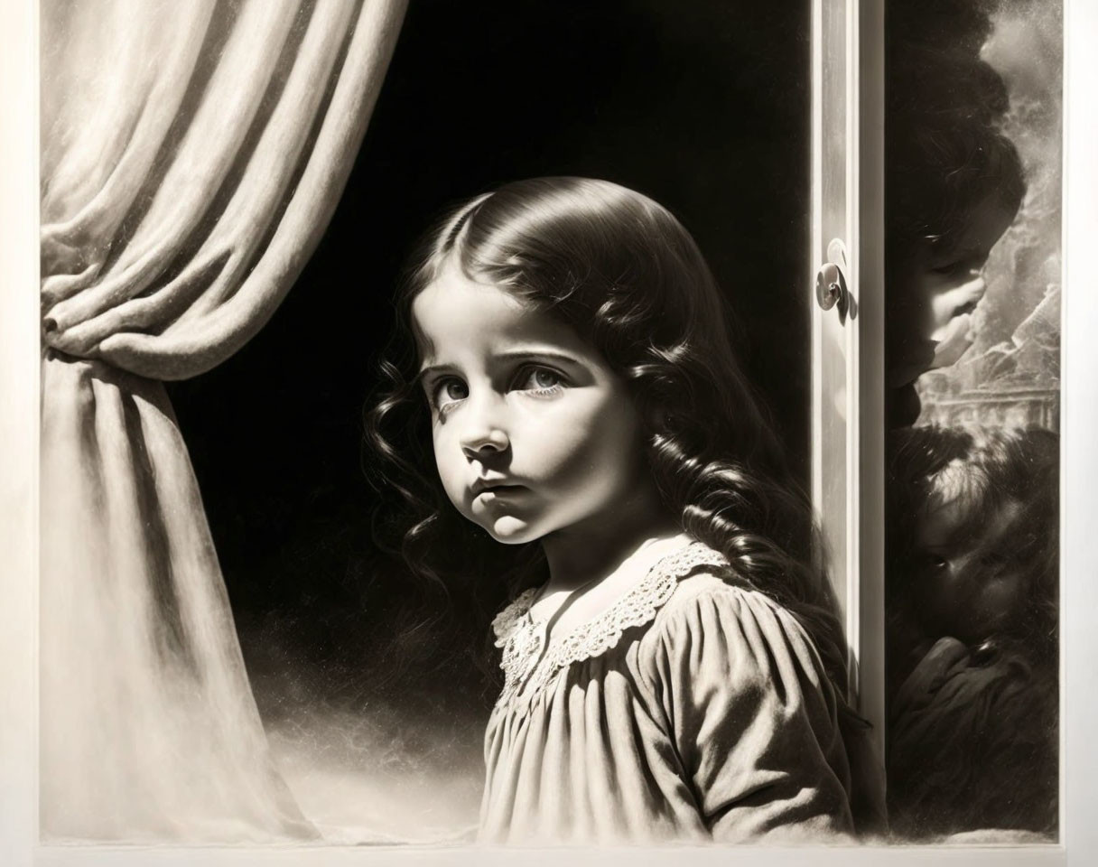 Sepia-toned image: Young girl gazes out window with reflected profile, soft drapery