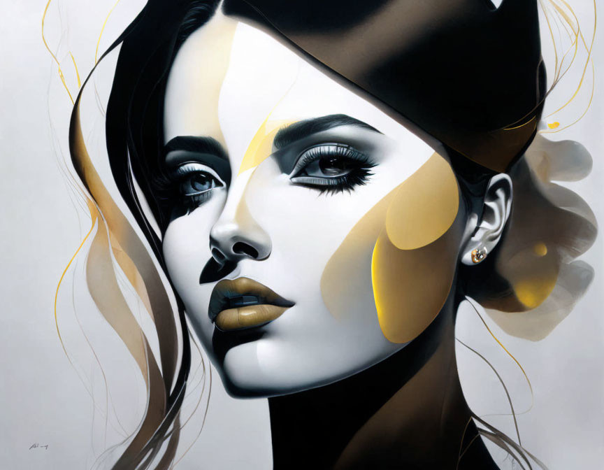 Hyperrealistic Painting of Woman in Hat with Abstract Yellow Shapes