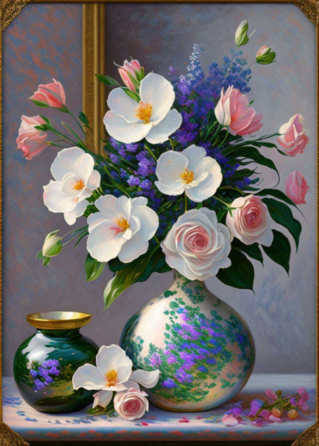 Floral arrangement oil painting with white and pink roses, purple accents, decorative vase, and green pot