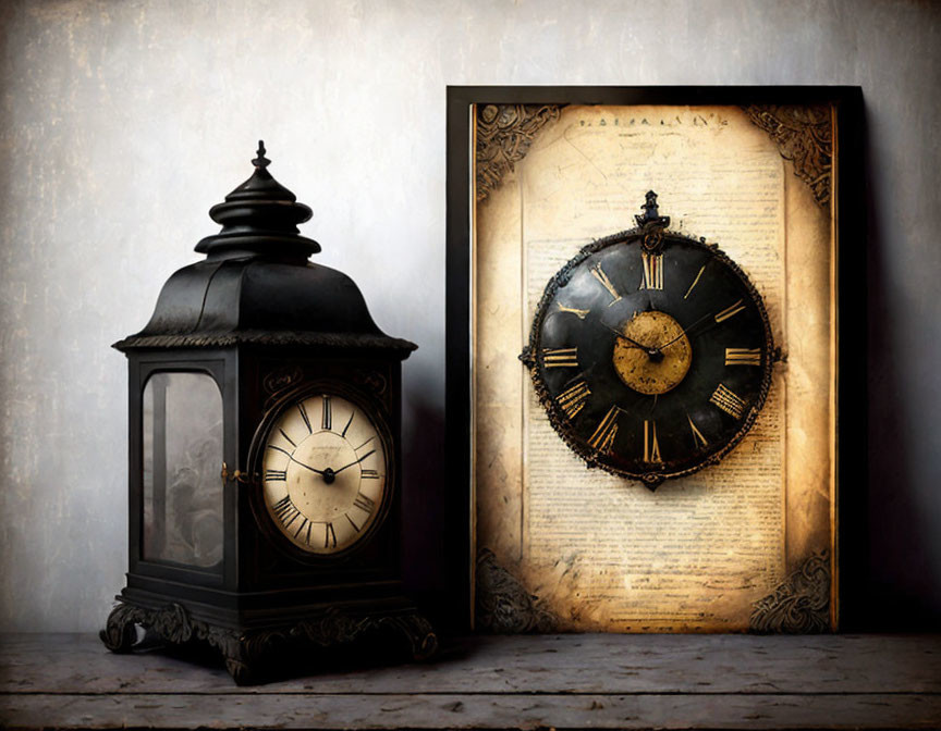 Vintage Lantern-Style Clock and Old Clock Face on Parchment Backdrop Against Rustic Wall