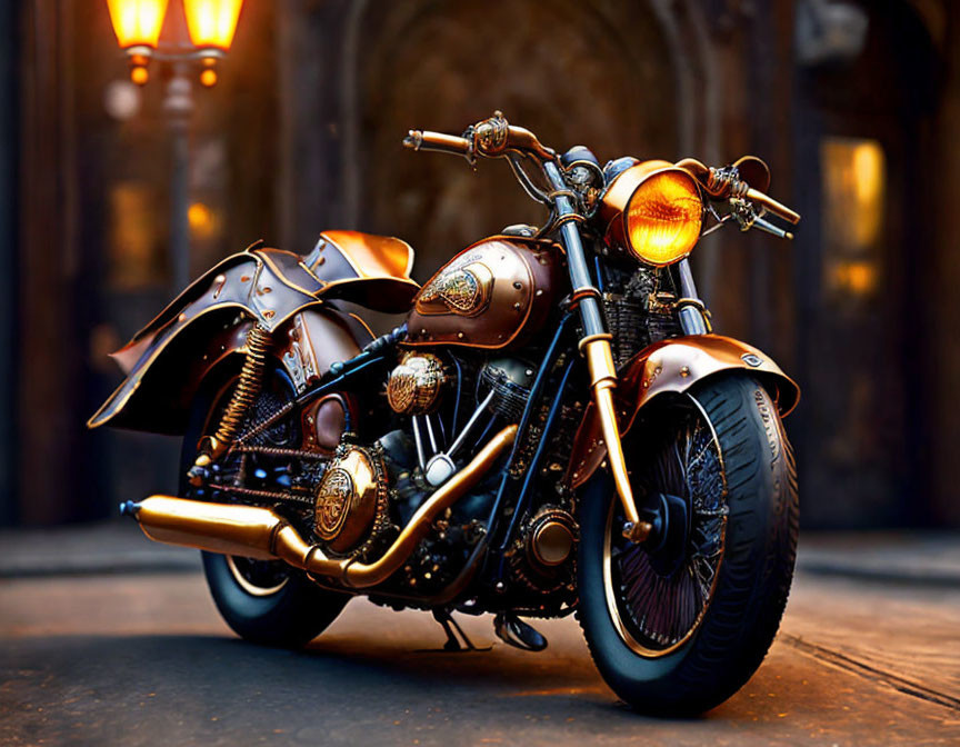 Vintage Motorcycle with Ornate Metalwork and Leather Accents in Dimly Lit Alley