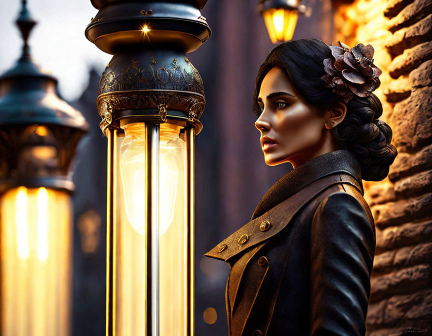 Woman with floral hairpiece gazes at streetlamp at dusk