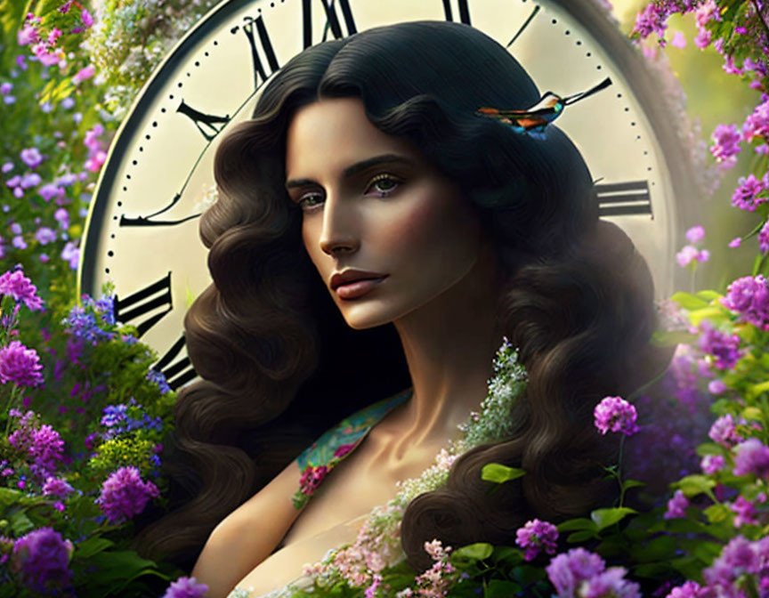 Woman with wavy hair, flowers, butterfly, and clock in nature scene