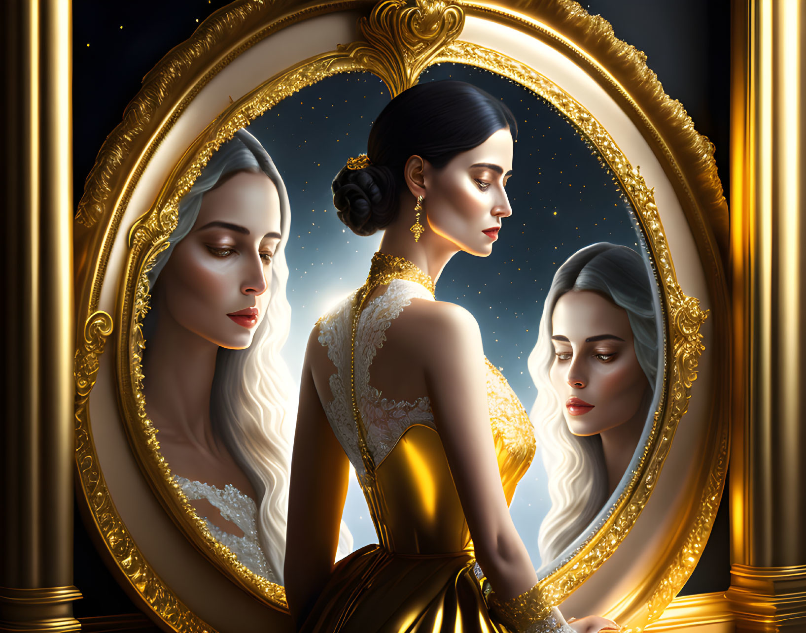 Sophisticated woman in gold gown mirrored against starry backdrop