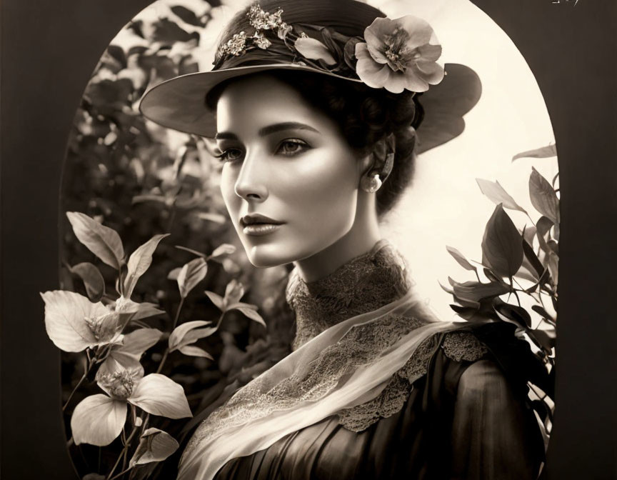 Vintage portrait of woman in lace collar and floral hat.