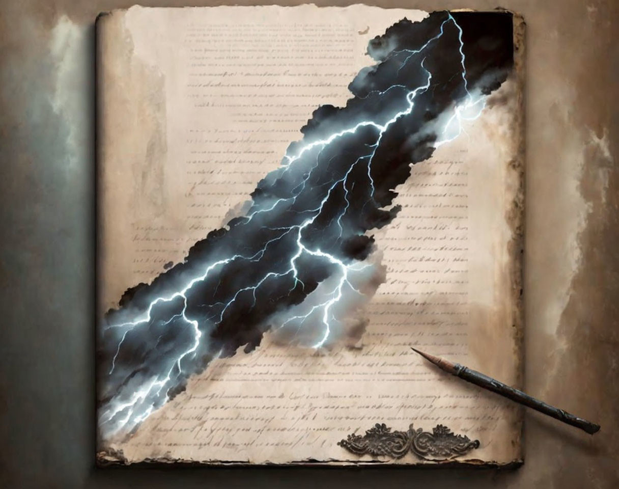 Realistic lightning bolt illustration on open book with ornate pen.