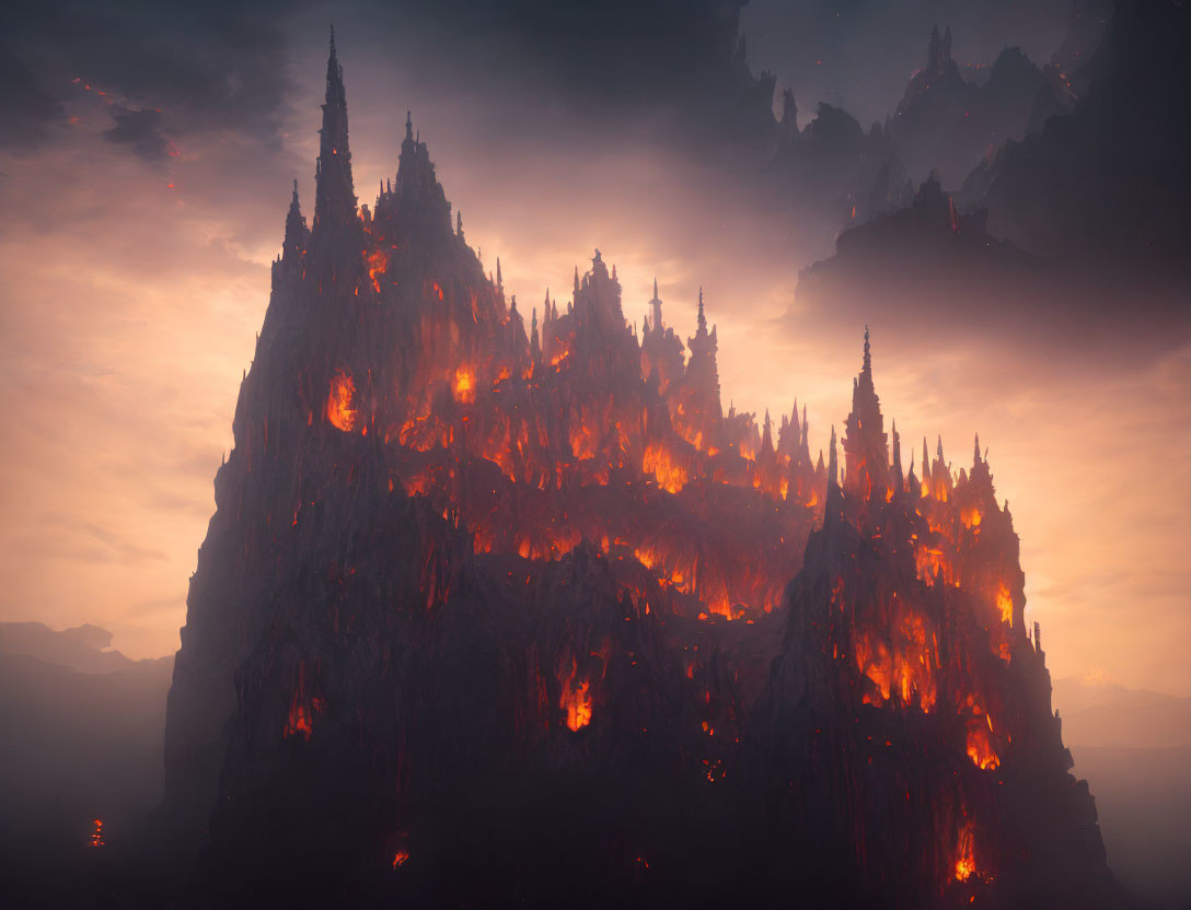 Towering jagged mountain with glowing lava under reddish sky