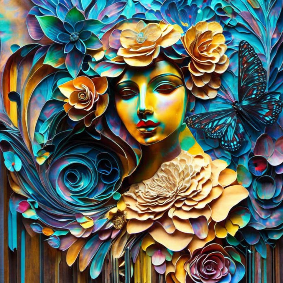 Colorful artwork: Woman's face with floral motifs & butterfly.