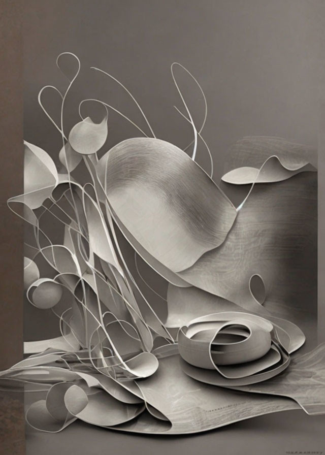 Abstract monochrome paper sculpture with curled shapes in layered composition