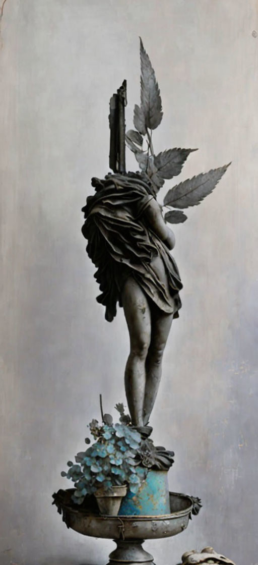 Weathered statue of draped figure holding leaves on floral pedestal