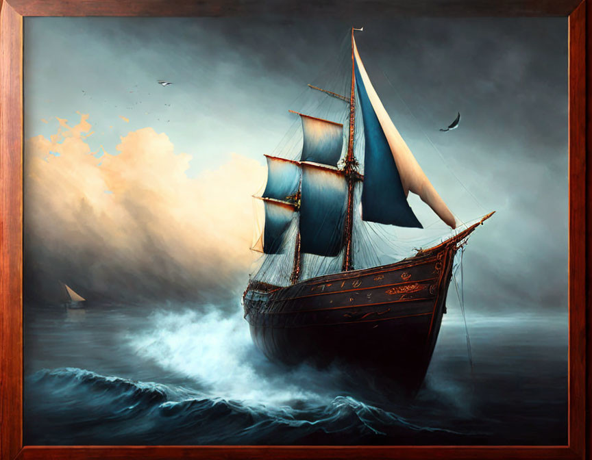 Ornate sailing ship painting on tumultuous sea