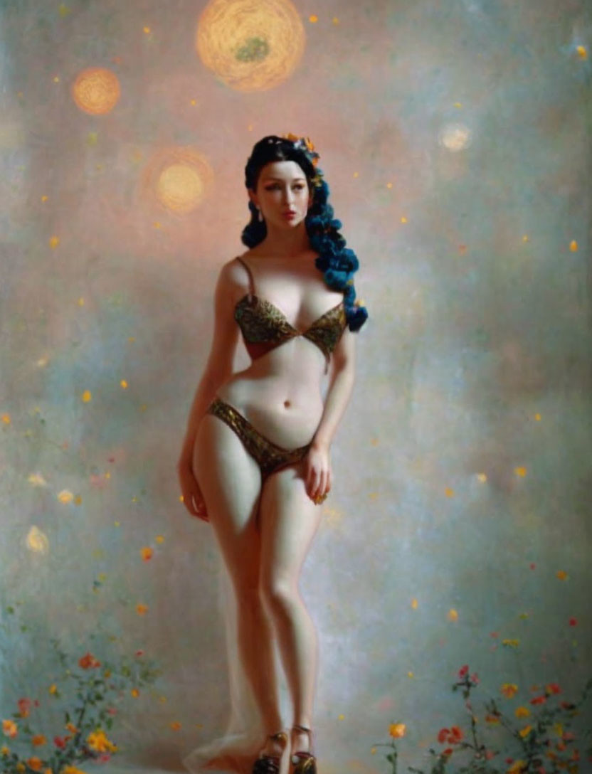 Woman in decorative bikini against ethereal backdrop with floating orbs and flowers.