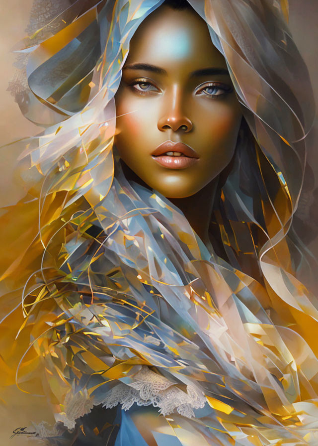 Portrait of a woman with striking eyes and warm hues in translucent shawl