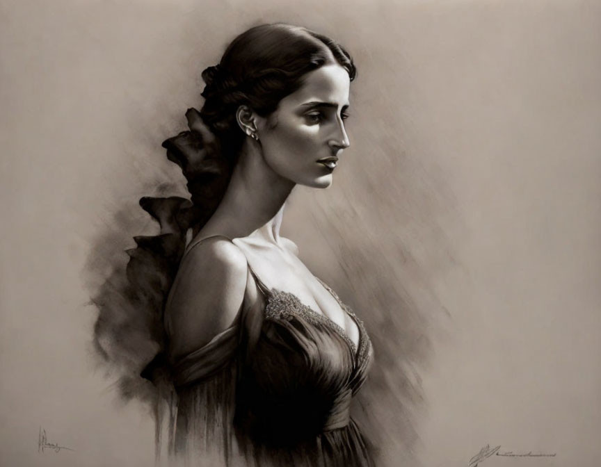 Monochromatic portrait of woman with braided hair in dress, gazing sideways