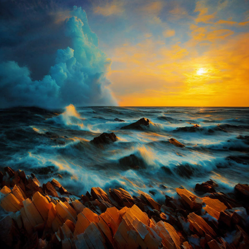 Dramatic sunset over turbulent sea with crashing waves and jagged rocks