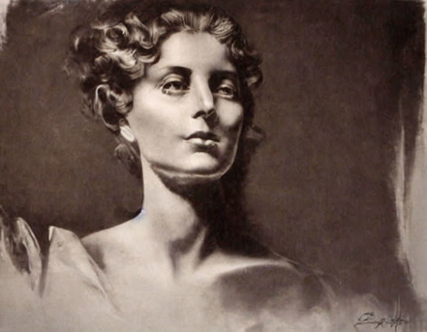 Monochrome classical portrait of a woman with curly hair and intricate facial details