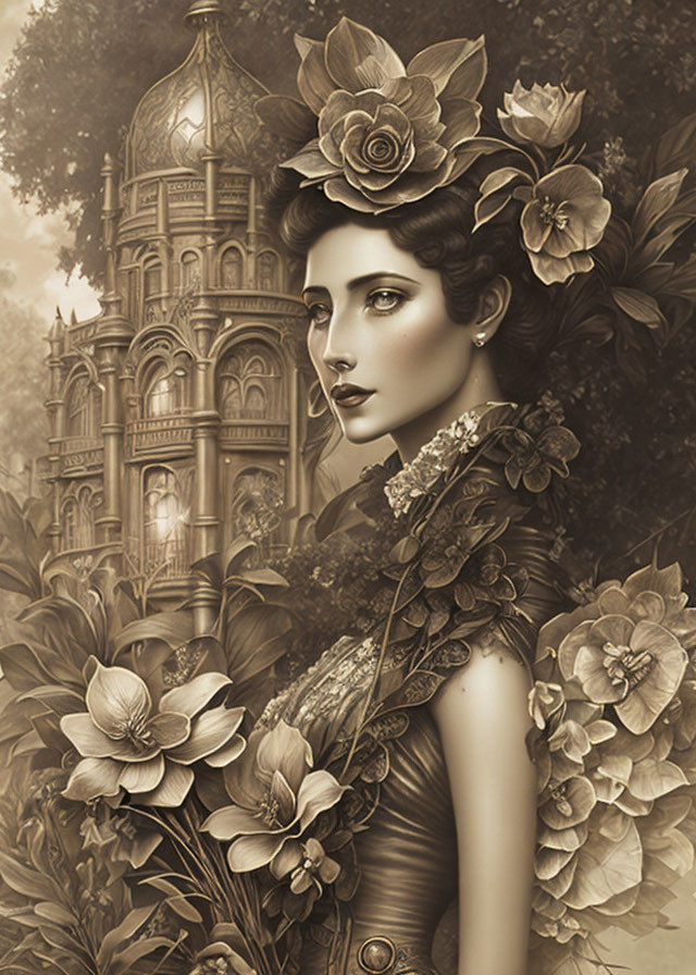 Sepia-toned woman with floral adornments in fantastical castle scene