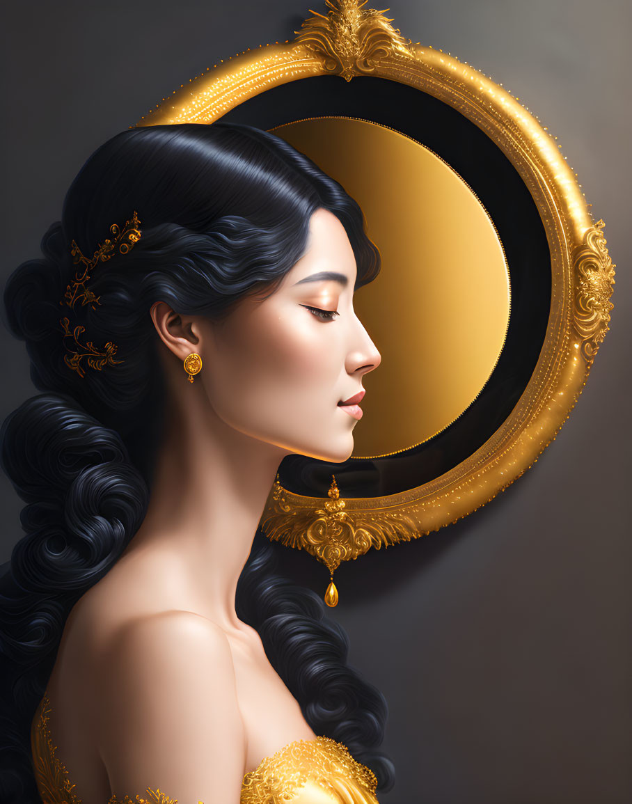 Profile Portrait of Woman with Long Black Hair and Golden Dress in Circular Mirror