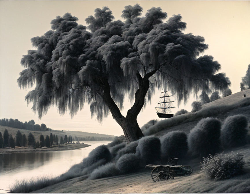 Monochrome image: Fluffy tree, lake, old wagon, tall ship