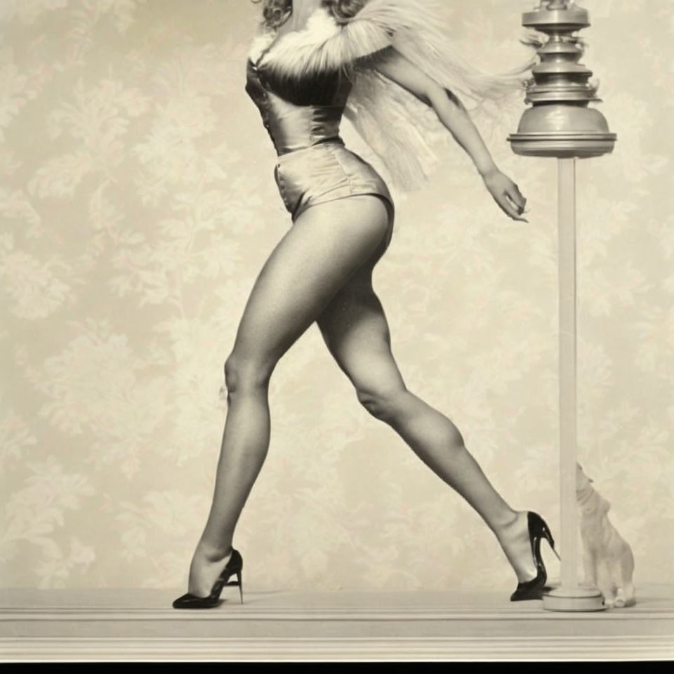 Vintage-style photo: Person in high heels and shorts with large chess piece