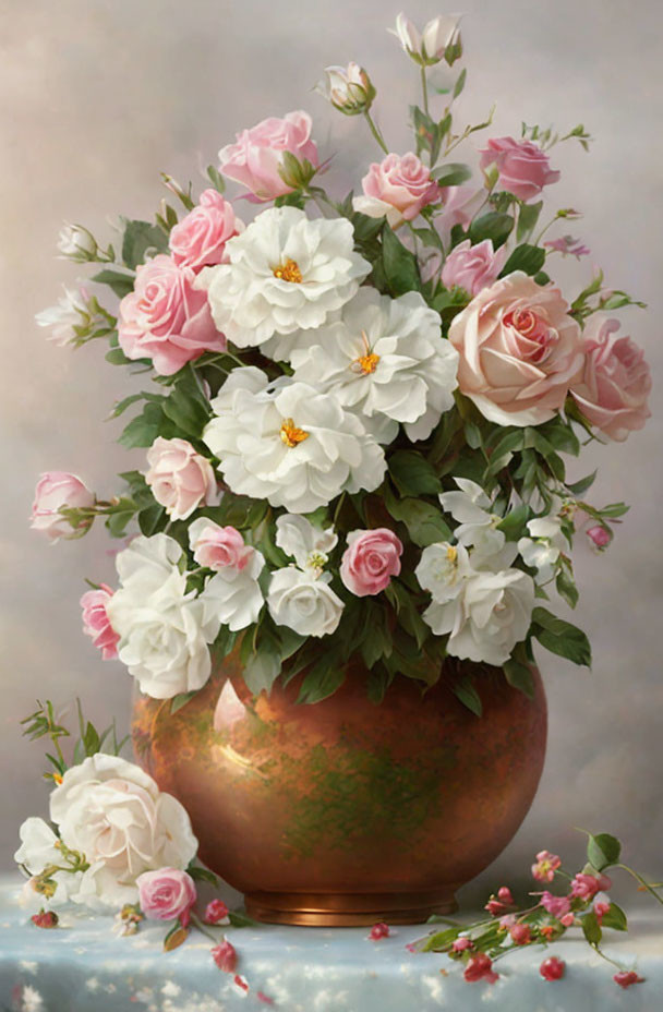 White and Pink Roses Bouquet in Bronze Vase on Muted Background