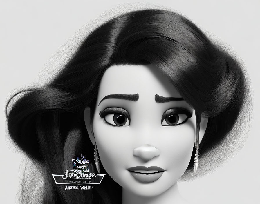 Monochrome animated female character with voluminous hair and earrings