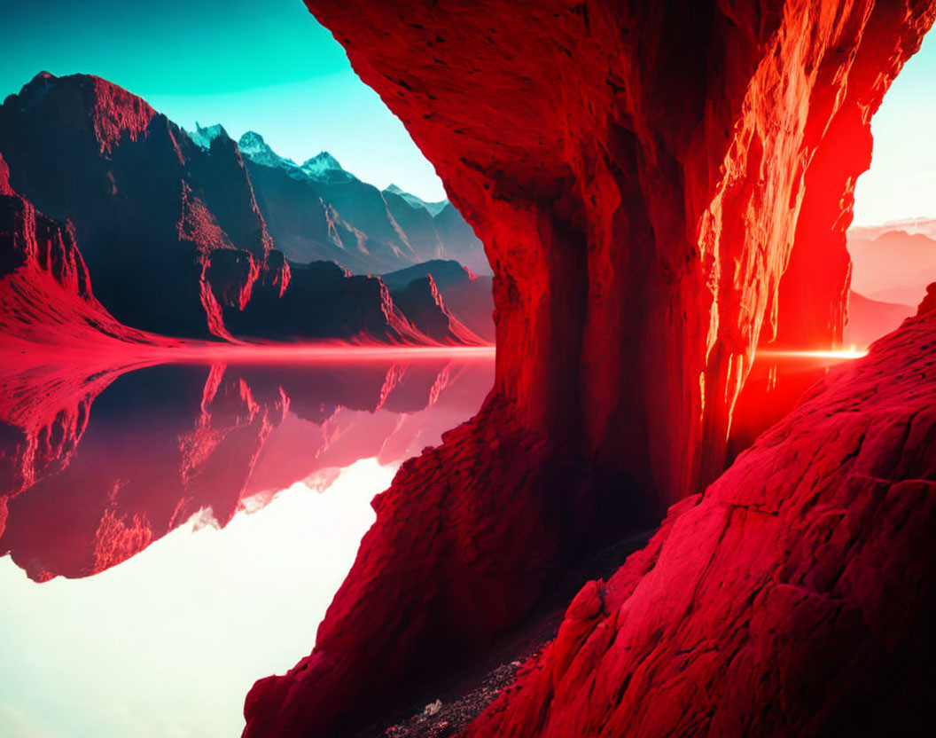 Red Rock Formation Reflects in Still Water with Sharp Mountains and Crimson Sky