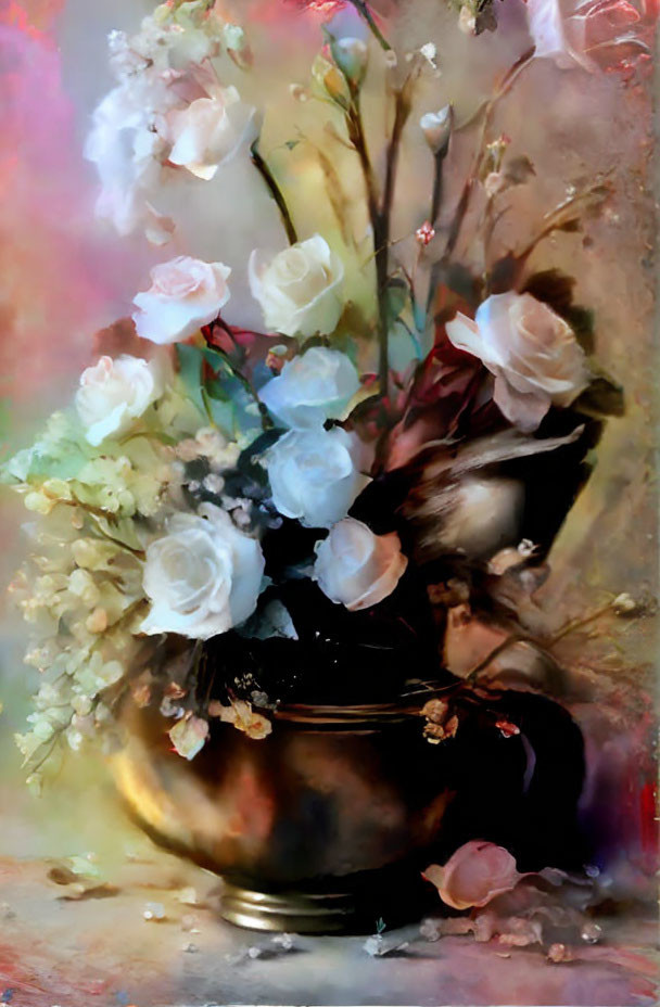 Multicolored roses bouquet in golden vase on dreamy background