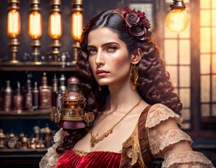 Steampunk-themed woman with gears, floral hairpiece, and vintage jewelry posing among bulbs and potion