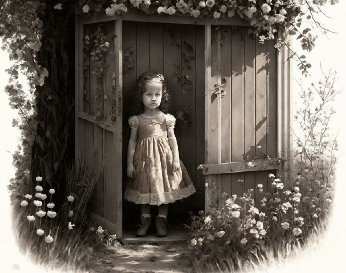 Sepia-Toned Image: Young Girl in Vintage Dress in Garden Doorway