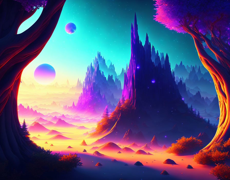 Fantasy Landscape with Purple Hues and Exotic Trees