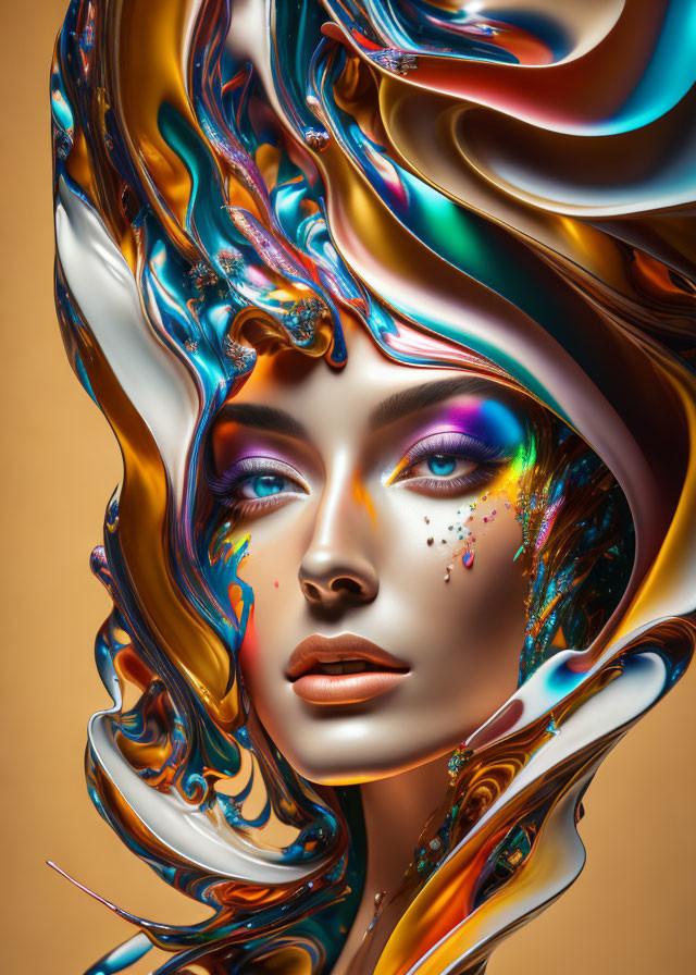 Vibrant digital artwork: Woman's face with swirling colors.