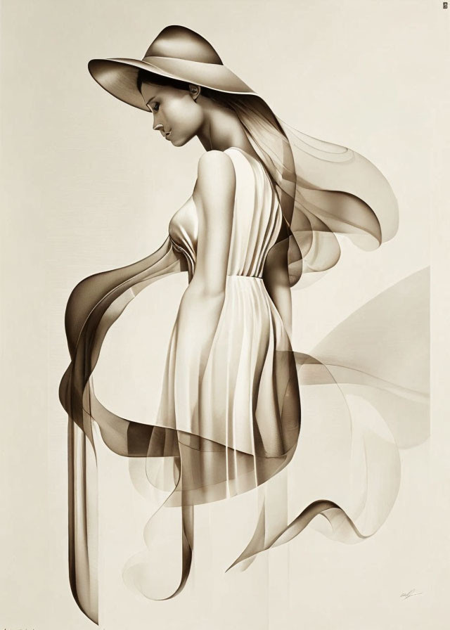 Monochromatic image of woman in flowing dress with abstract design.