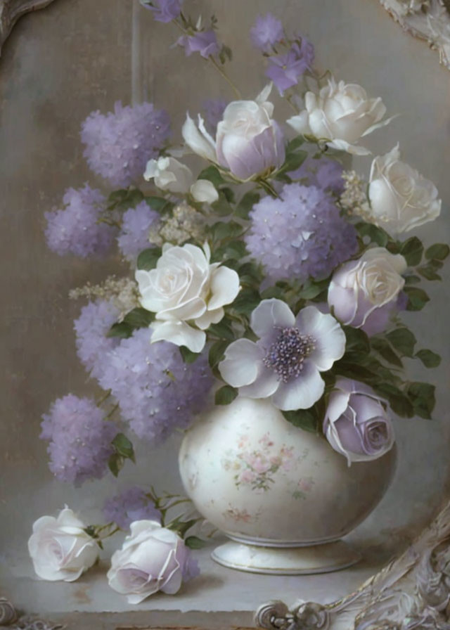 Classic Still-Life Painting: Purple Hydrangeas, White Roses, and Anemone in Vintage