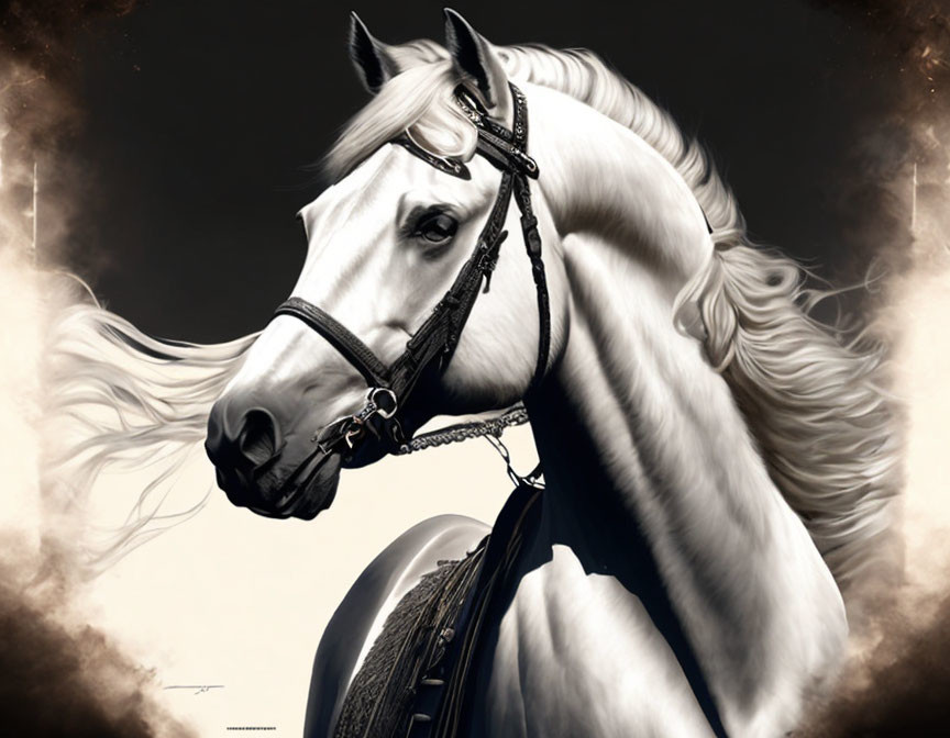 Majestic white horse with flowing mane and dark bridle on dark background